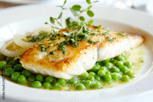 Grilled cod on a bed of peas with lemon and fresh herbs garnished with onion rings