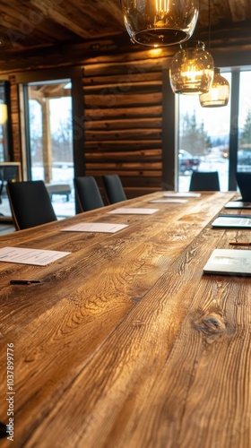 Elegant Wooden Conference Table Set in a Cozy Meeting Room with Natural Light