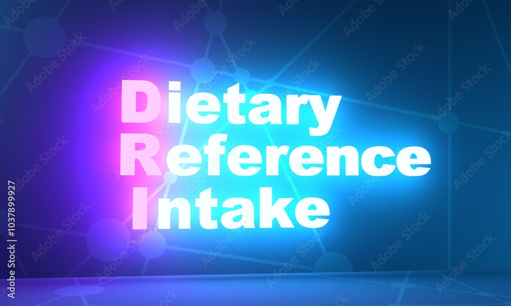 DRI Dietary Reference Intake - system of nutrition recommendations. Acronym text concept background. Neon shine text. 3D render