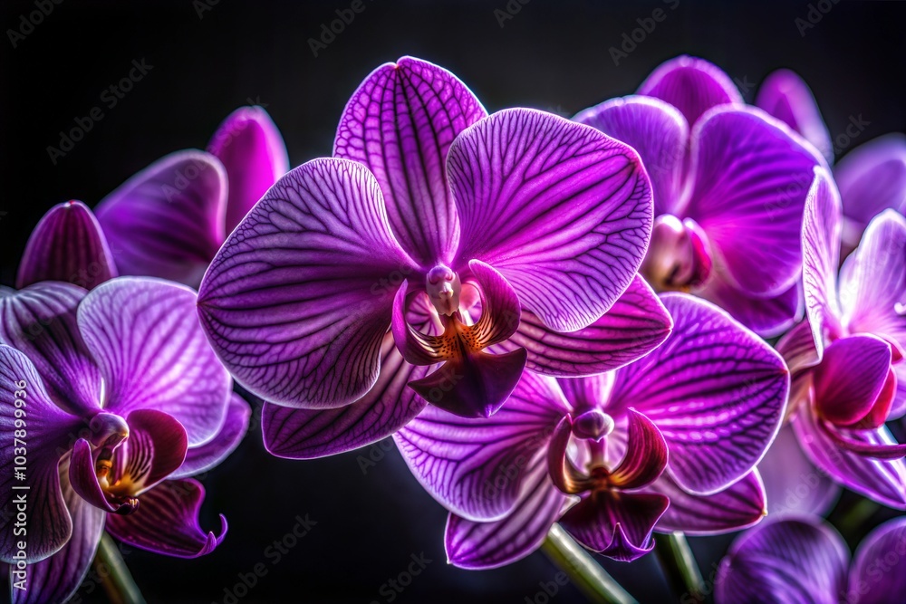 Fototapeta premium Purple orchids with dark background close-up of vibrant details