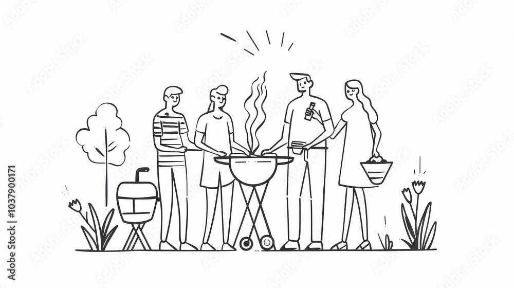 A family enjoys a summer barbecue gathering, celebrating traditions with grilling and laughter in a minimalistic line art design A family enjoys a summer barbecue gathering, celebrating traditions with grilling and laughter in a minimalistic line art design