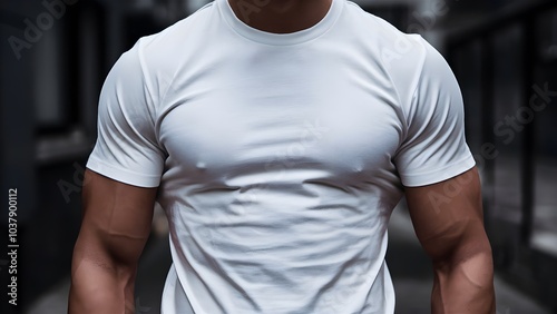 White T shirt mockup cotton apparel, isolated with green leaves flower on background. Design plain Tshirt template, T-shirt business print presentation mock up Top view flat tee lay