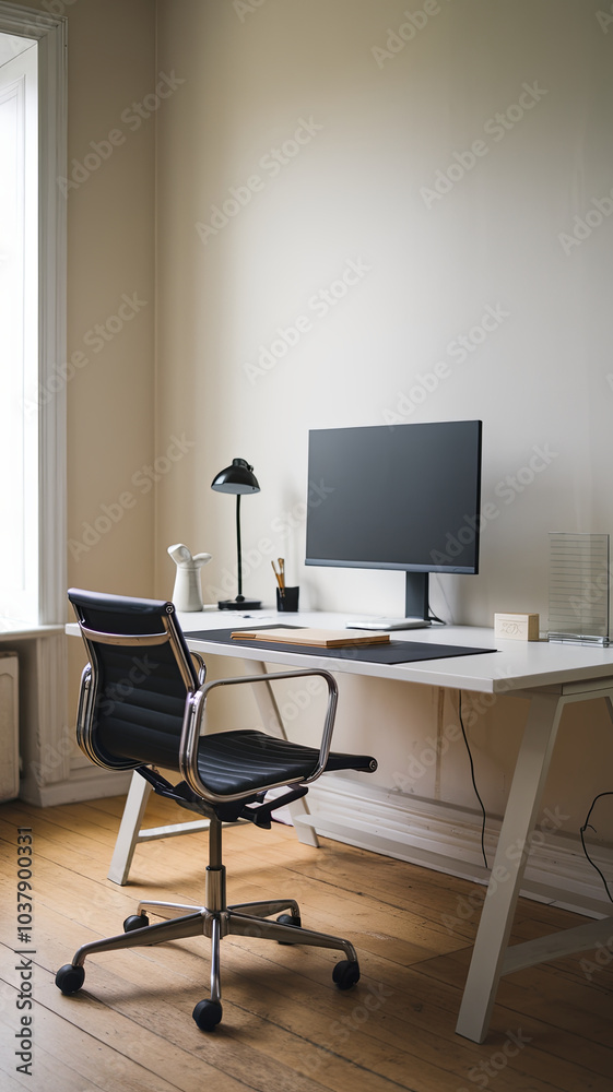minimalist workspace featuring sleek black chair, modern monitor, and stylish desk lamp. clean lines and neutral tones create calm and productive environment minimalist workspace featuring sleek black chair, modern monitor, and stylish desk lamp. clean lines and neutral tones create calm and productive environment