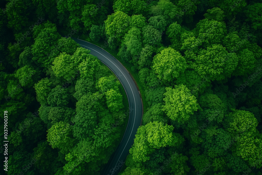 Aerial View of Winding Road Through Lush Green Forest Aerial View of Winding Road Through Lush Green Forest