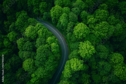 Aerial View of Winding Road Through Lush Green Forest