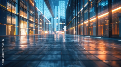 A city street with a lot of glass buildings and a wet sidewalk. The street is empty and the buildings are lit up at night