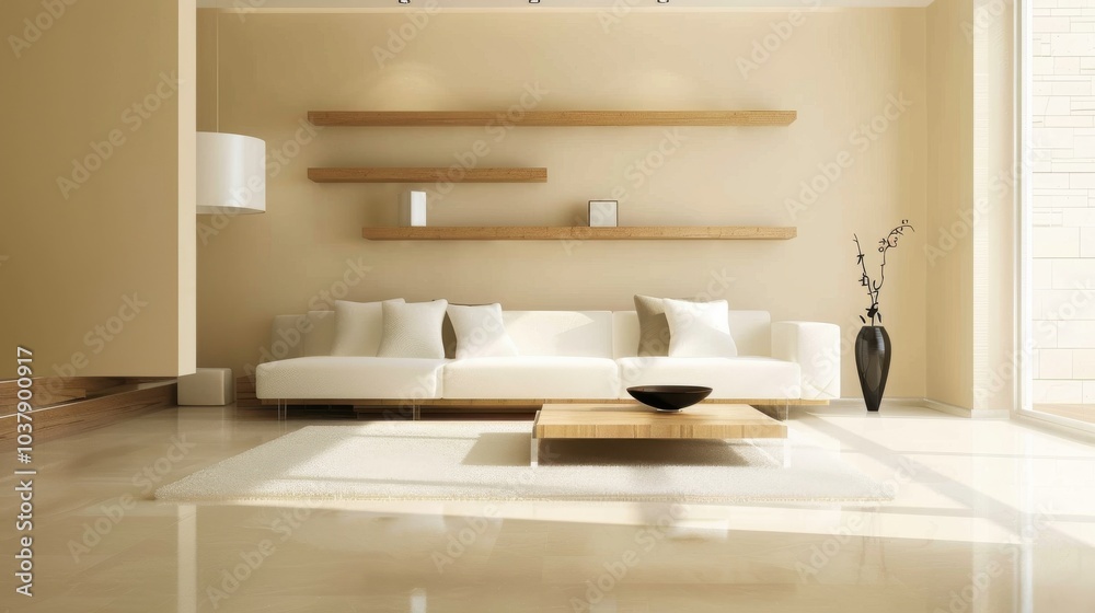 A living room with a white couch and a coffee table. The couch is covered with pillows and the coffee table has a bowl on it. There are two vases on the table, one of which is black A living room with a white couch and a coffee table. The couch is covered with pillows and the coffee table has a bowl on it. There are two vases on the table, one of which is black