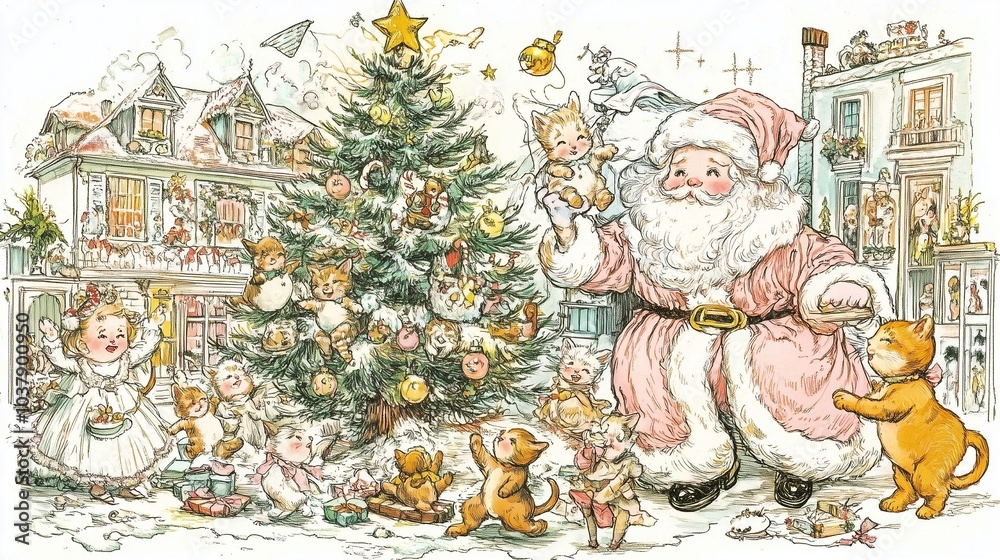 Obraz premium サンタクロース、動物たち、そしてお祝いの装飾品が描かれたビンテージクリスマスシーン