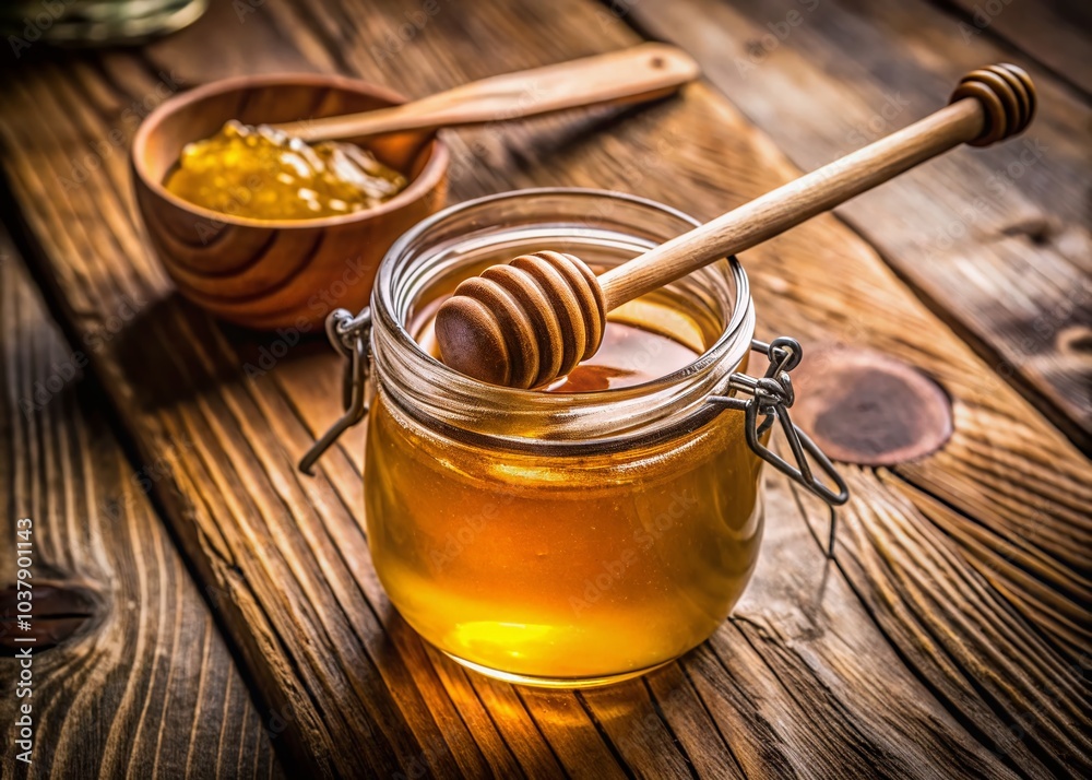 Enjoy pure honey stored in a glass jar with a dipper, beautifully displayed on a rustic wooden surface—perfect Enjoy pure honey stored in a glass jar with a dipper, beautifully displayed on a rustic wooden surface—perfect