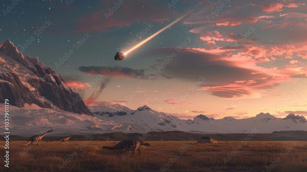 Fototapeta premium Asteroid racing across the sky towards the Patagonian landscape inhabited by dinosaurs during the twilight hours