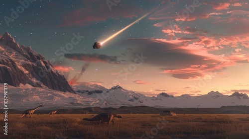 Fototapeta Naklejka Na Ścianę i Meble -  Asteroid racing across the sky towards the Patagonian landscape inhabited by dinosaurs during the twilight hours
