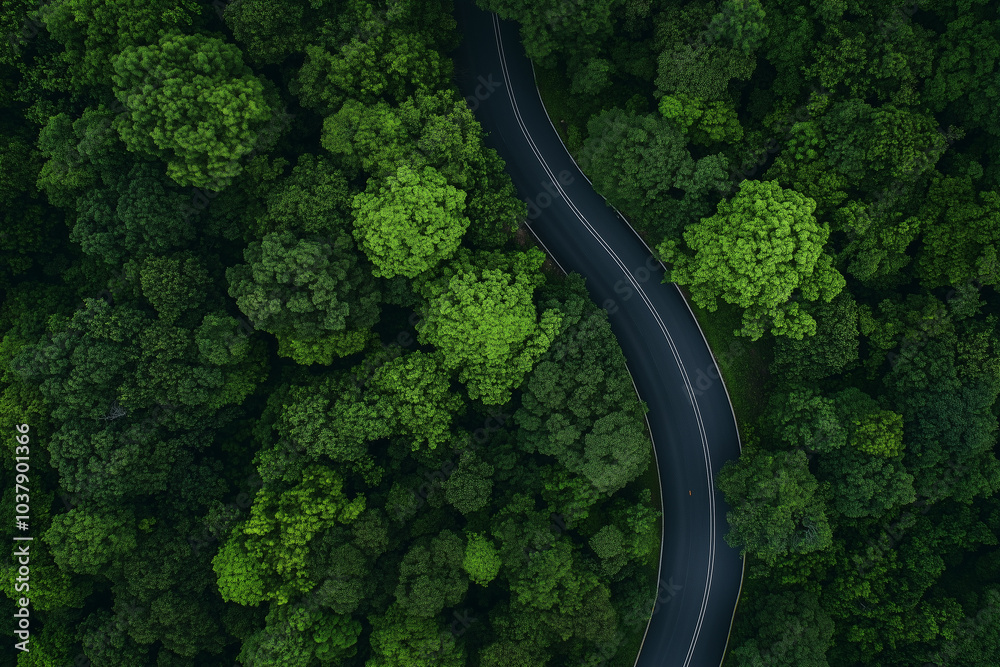Aerial View of Winding Road Through Lush Green Forest Aerial View of Winding Road Through Lush Green Forest