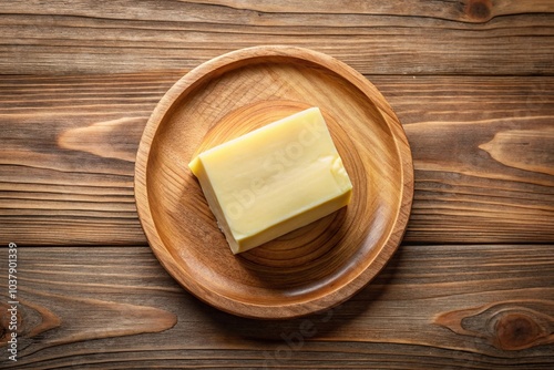 High angle view of fresh butter being cut with a knife on a wooden plate