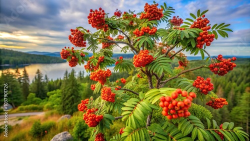 High Angle view of blooming rowan tree in Finnish nature during June
