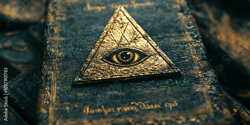 An antique book with a golden eye inside a triangle, suggesting mystery, photo