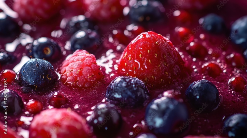 A bowl of fruit with blueberries and raspberries A bowl of fruit with blueberries and raspberries