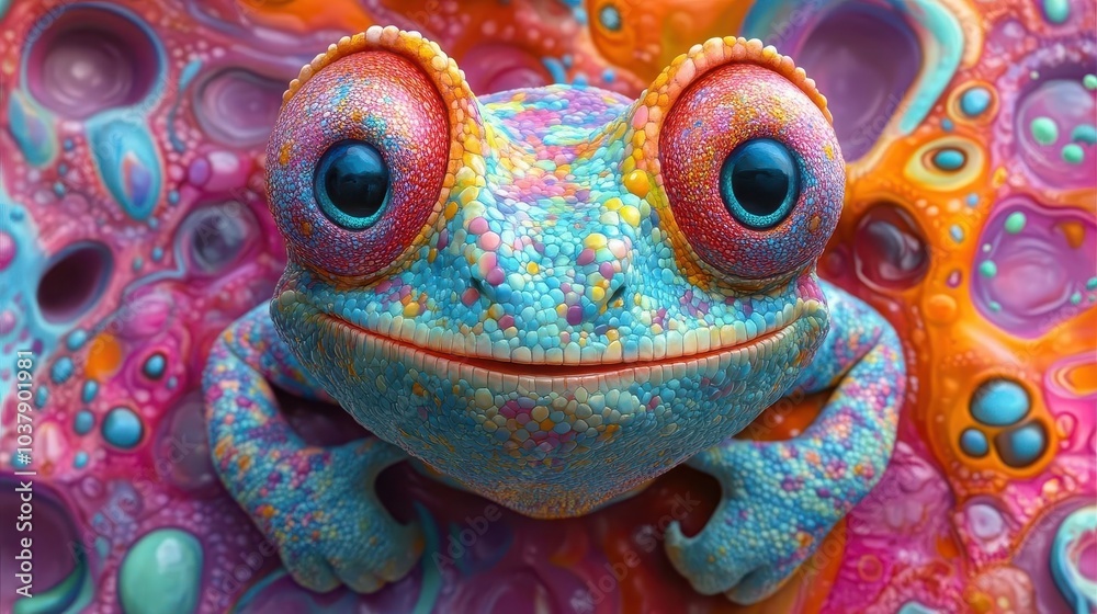 whimsical cartoon chameleon grinning widely surrounded by colorful bubbles and vibrant patterns inviting creativity with ample space for catchy copy radiating fun and cheerfulness