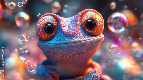 Obraz na płótnie whimsical cartoon chameleon grinning widely surrounded by colorful bubbles and vibrant patterns inviting creativity with ample space for catchy copy radiating fun and cheerfulness w salonie
