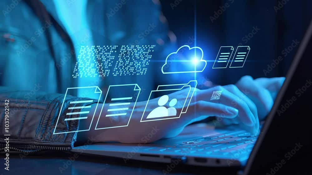 Businessman computer laptop document management, cloud storage online cloud computing database, file storage system digital transformation technology, file access, doc sharing data analyst