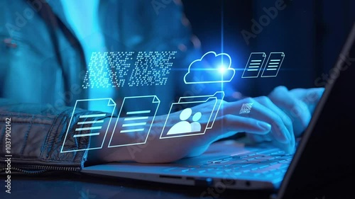 Businessman computer laptop document management, cloud storage online cloud computing database, file storage system digital transformation technology, file access, doc sharing data analyst