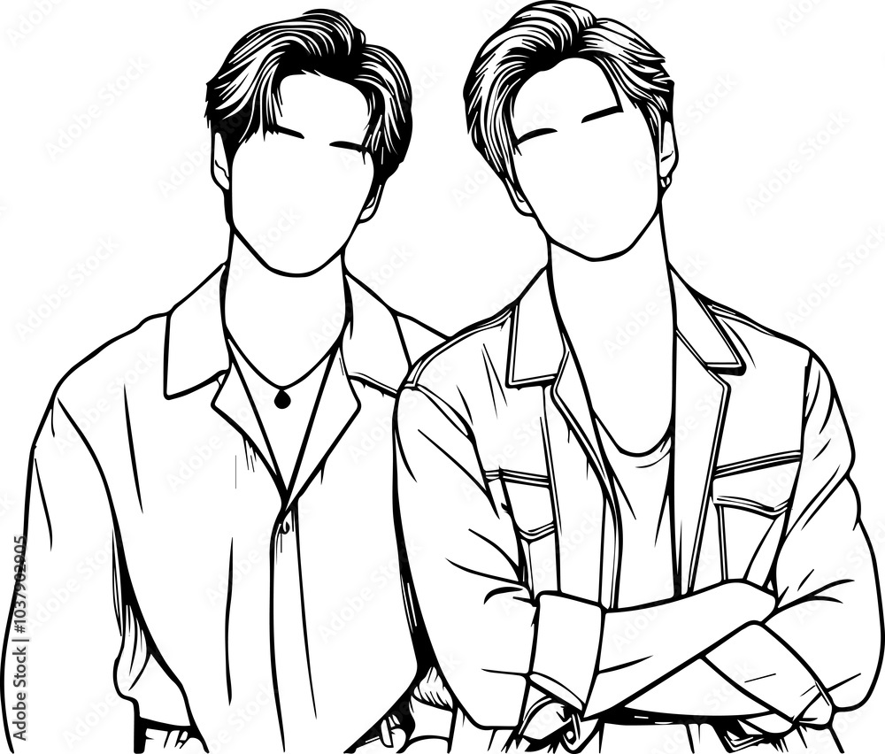 Black Line Art Happy Man Friendship Photo Pose Hand Drawn Illustration Black Line Art Happy Man Friendship Photo Pose Hand Drawn Illustration