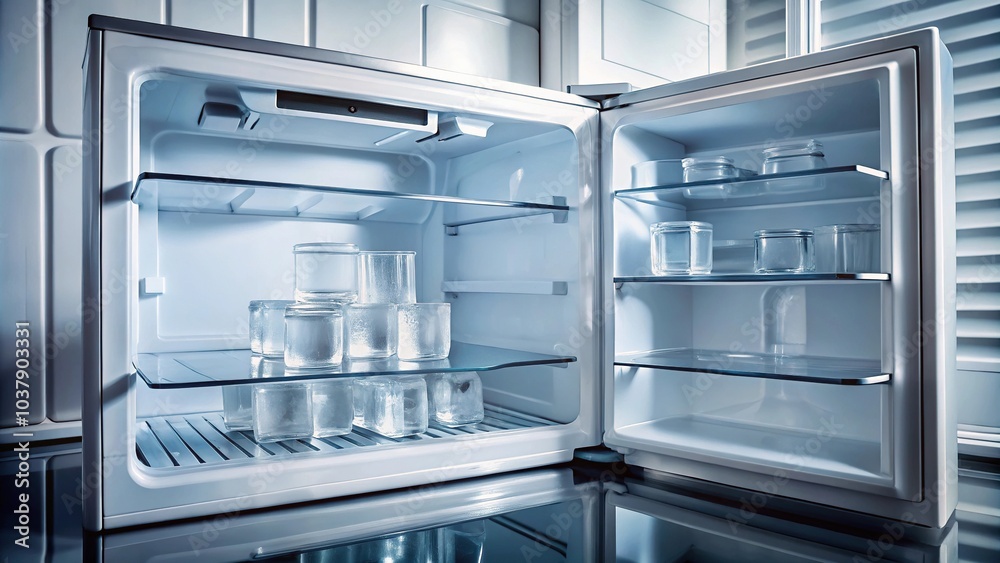 Ice maker in refrigerator with ice cubes from forced perspective Ice maker in refrigerator with ice cubes from forced perspective