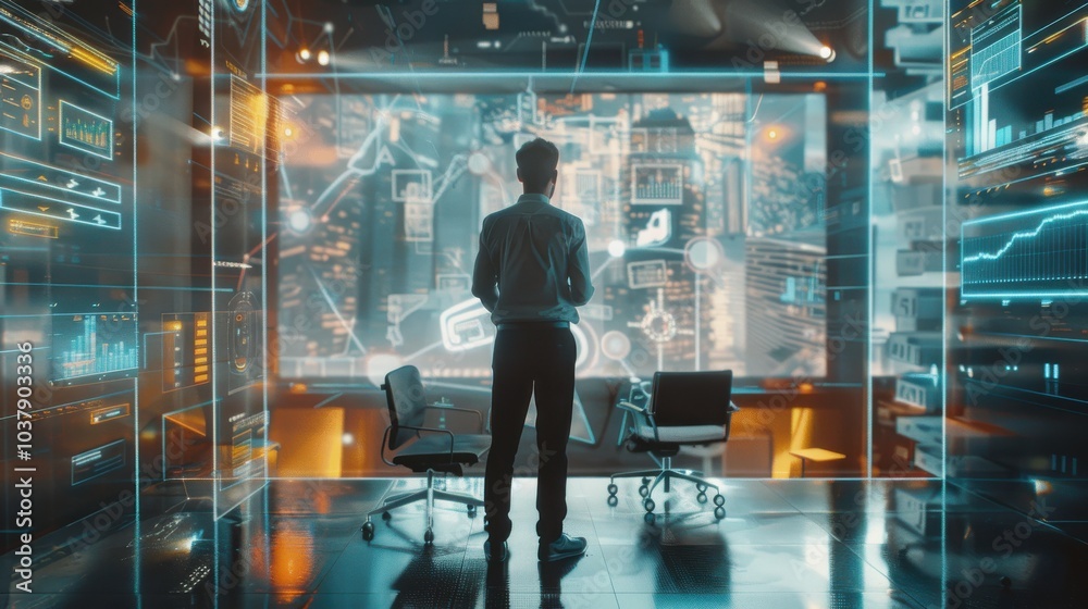 A man stands in front of a computer monitor with a city view. He is wearing a suit and looking at the screen. The room is filled with technology and has a futuristic feel to it