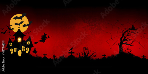 Happy Halloween red background featuring spooky decor, eerie vibes, and ghostly elements, perfect for festive Halloween designs, party invitations, and haunted house themes