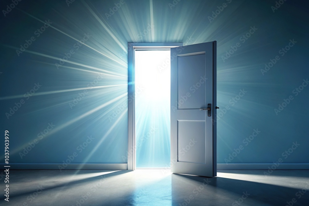 Naklejka premium Long shot image of slightly open door with light shining through against abstract backdrop