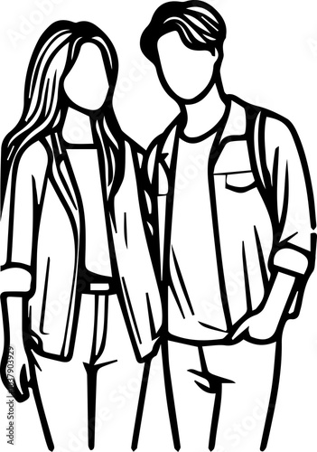 Black Line Art Happy Friendship Photo Pose Hand Drawn Illustration