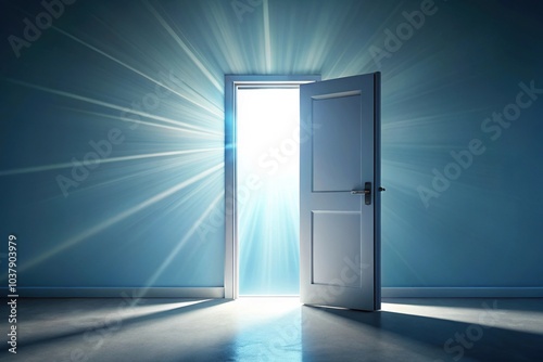 Long shot image of slightly open door with light shining through against abstract backdrop