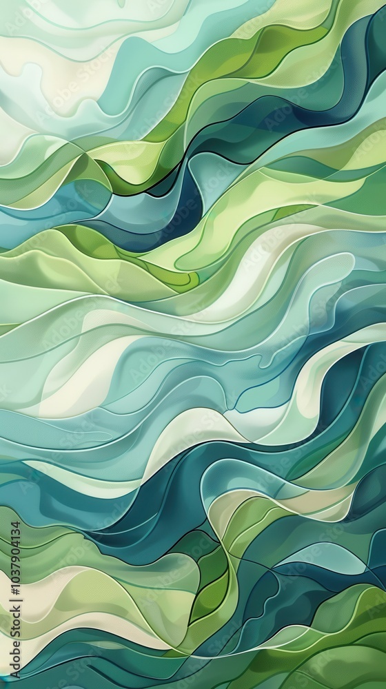 Fototapeta premium Abstract waves wallpaper featuring soft blues and greens flowing seamlessly across the surface for a calming visual experience
