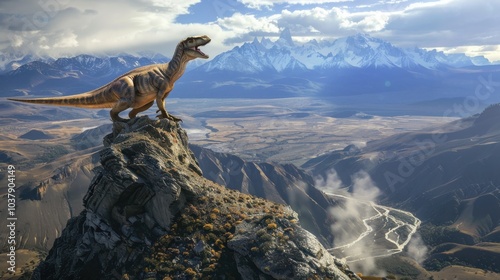 Fototapeta Naklejka Na Ścianę i Meble -  Aerial view of a giant theropod dinosaur roaring atop a Patagonian mountain ridge under dramatic lighting