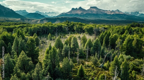 Fototapeta Naklejka Na Ścianę i Meble -  Aerial view of Patagonian forest with giant dinosaurs feeding among treetops and mountains on the horizon during daylight