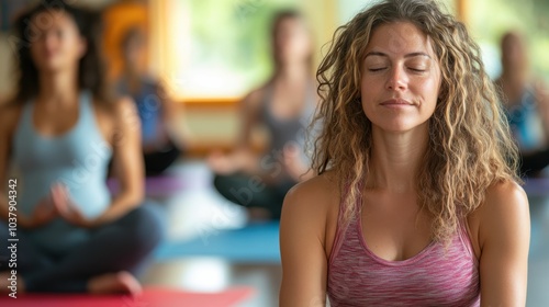 A woman with long hair is sitting in a yoga class. She is smiling and she is enjoying the class