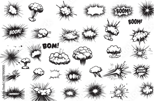 Comic cartoon boom speed effect, explosive motion line element set. Comic boom burst, explosive smoke, line speed cartoon vector icon. Hand drawn sketch doodle action effect. Vector illustration.