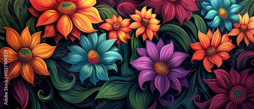 Colorful Floral Pattern with Bold Petals and Leaves