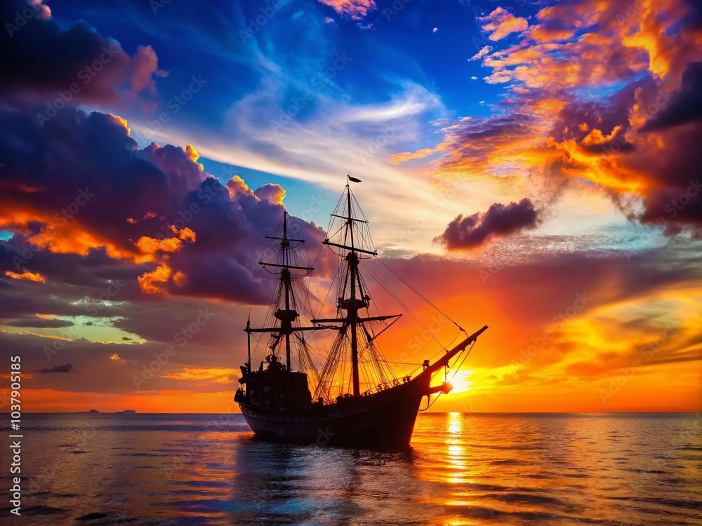 Experience the breathtaking silhouette of a caravel ship amid a colorful sunset sky, ideal for enhancing nautical and Experience the breathtaking silhouette of a caravel ship amid a colorful sunset sky, ideal for enhancing nautical and