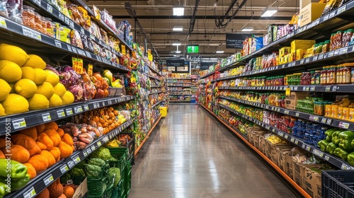 A large grocery store with aisles full of produce