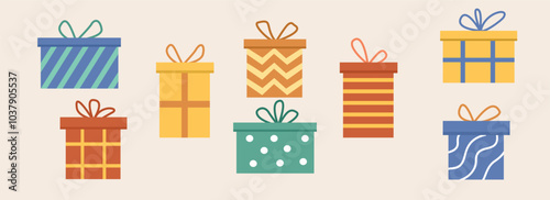 Gifts box for christmas present. Collection of christmas present. Colorful gift boxes with bows and ribbon. Present gift box. Set of cute gift box. Birthday gift. Valentine gift. mother day present.