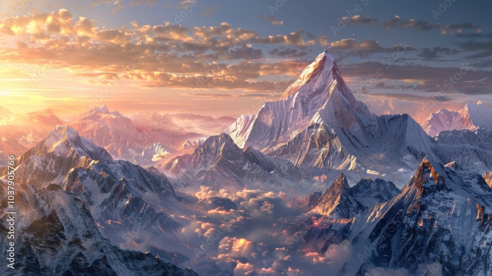 Obraz premium Breathtaking panoramic view of the majestic Everest region at sunrise with snow-capped peaks and fluffy clouds
