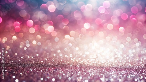 Low angle gradient white and pink glitter bokeh texture background