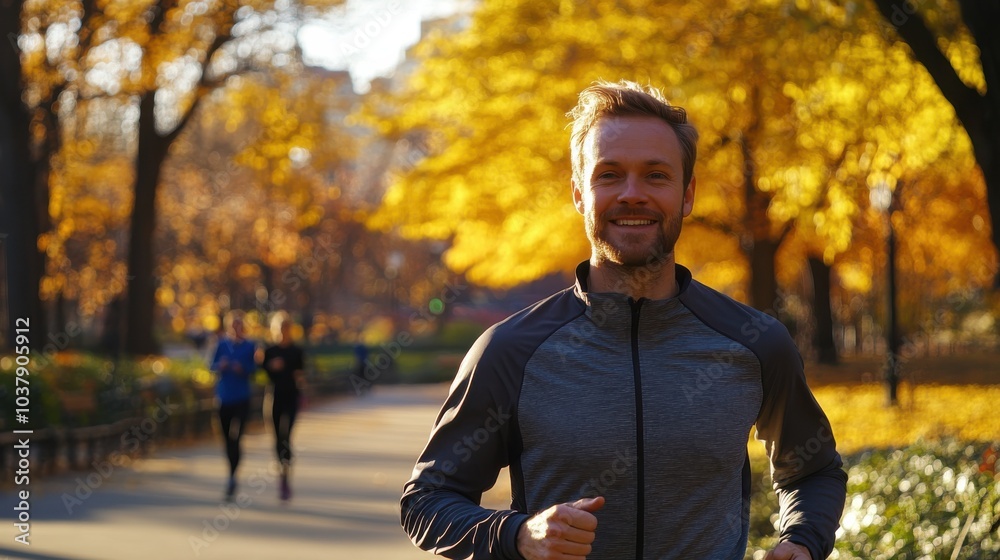 Obraz premium A man is running in a park with a smiling face. The park is filled with trees and leaves, creating a beautiful autumn atmosphere. The man is wearing a grey jacket and he is enjoying his run