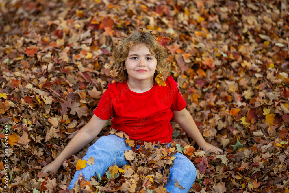 Child 10 years old playing with fallen leaves in autumn park. Child 10 years old playing with fallen leaves in autumn park.