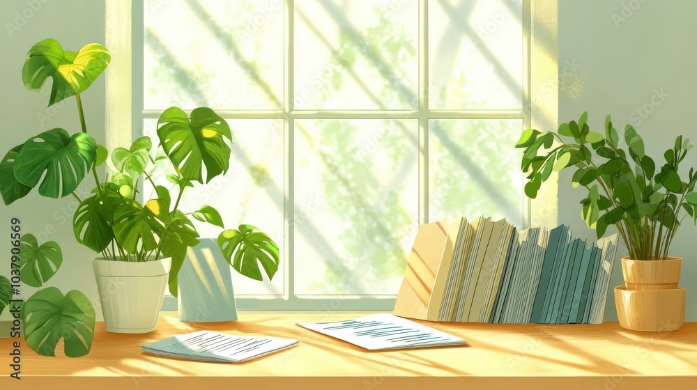 Charming Indoor Space with Lush Plants and Sunlit Desk Charming Indoor Space with Lush Plants and Sunlit Desk