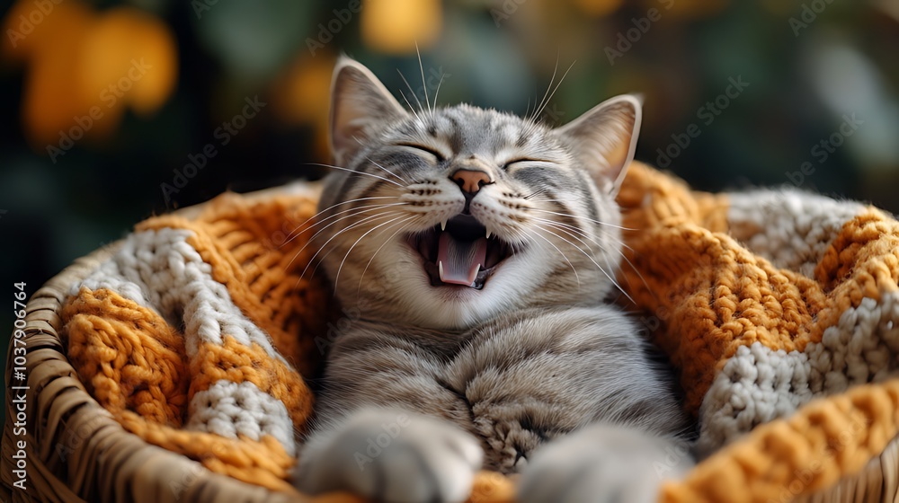 Naklejka premium A playful tabby cat with its mouth open in a wicker basket covered by a knitted blanket.