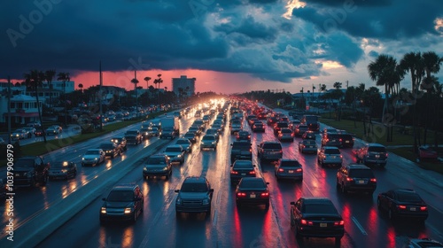 Evacuation of a coastal town in Florida amid heavy traffic as a hurricane approaches, showcasing dark skies and urgency