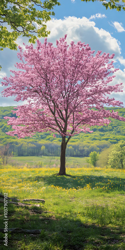 Cerejeira em flor em um campo aberto photo