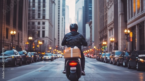 Fototapeta Naklejka Na Ścianę i Meble -  Courier delivering packages on an e-scooter through the bustling streets of Chicago in a modern urban setting