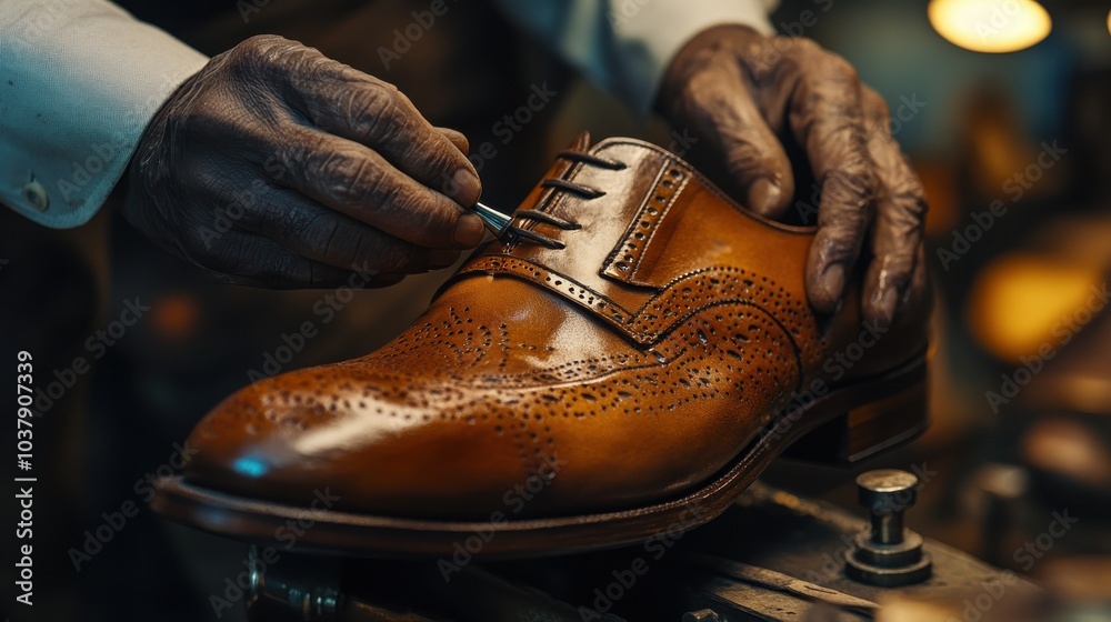 Shoe seller meticulously polishing a men's leather loafer in a dimly lit workshop with focused craftsmanship Shoe seller meticulously polishing a men's leather loafer in a dimly lit workshop with focused craftsmanship